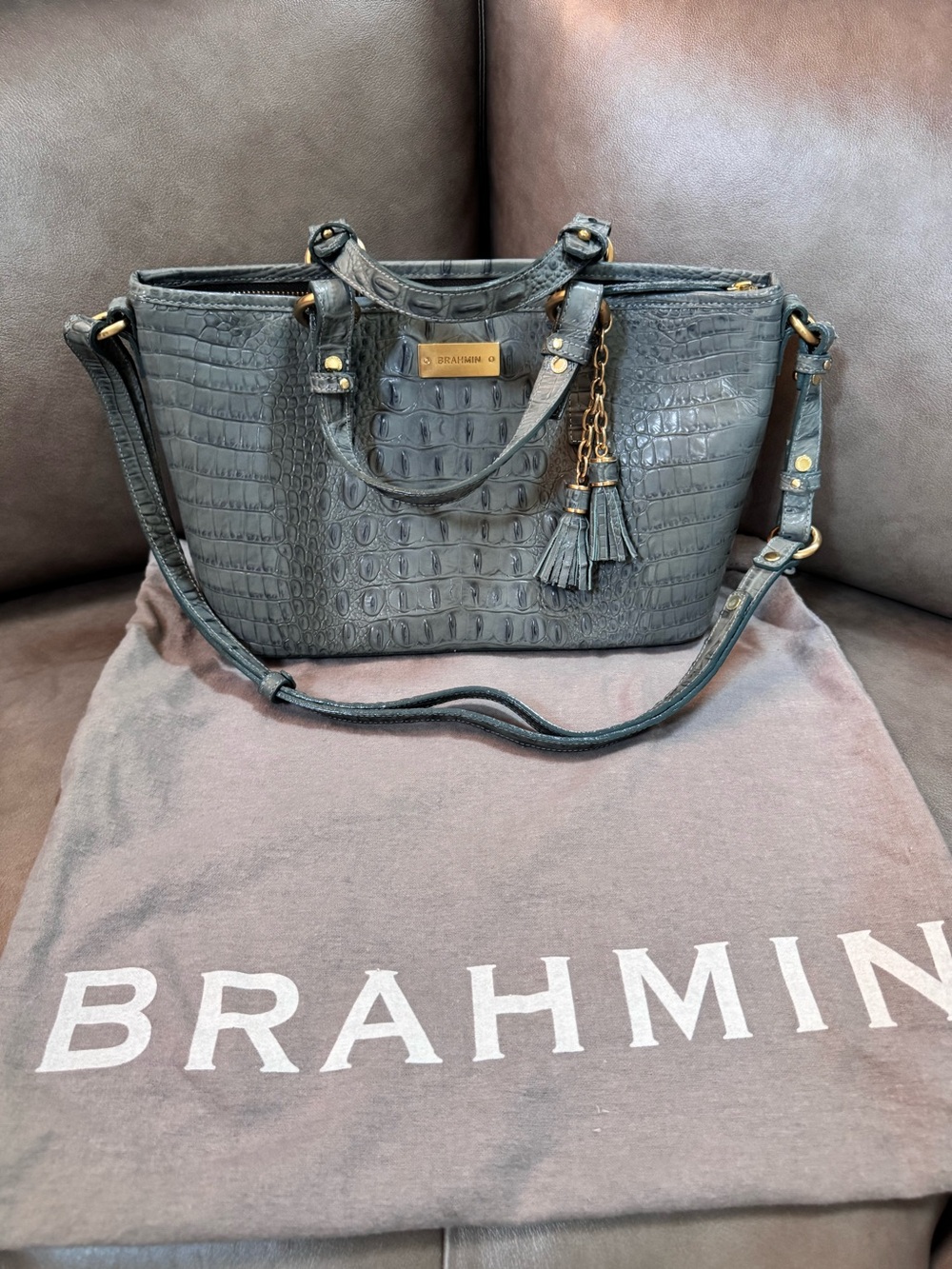 Brahmin Mini Asher Handbag Croc-Embossed w/ Tassel Charm in Excellent Condition